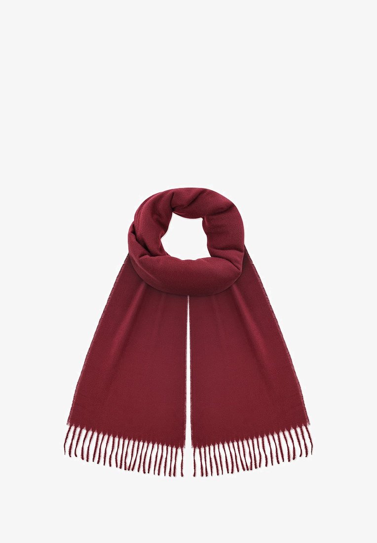 Burgundzka szalik z miękkiego materiału, charakteryzujący się gładką fakturą i frędzlami na brzegach, ułożony w kształt okrągłej pętli.