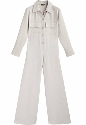 Vaaleanharmaa haalari pehmeästä kankaasta, jossa kauluksellinen pääntie, nappilista edessä, pitkät hihat ja kaksi rintataskua. Leveälahkeinen malli.