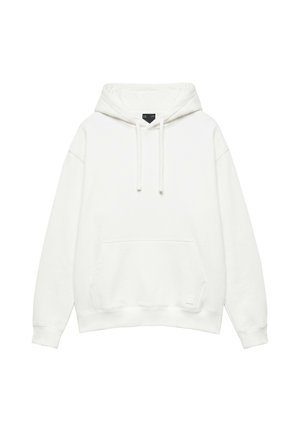 Sweat à capuche blanc uni avec poche avant et cordon à la capuche, présenté à plat sur fond blanc.