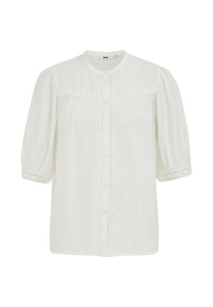 Biała bluzka z krótkim rękawem, okrągłym dekoltem, zapięciem na guziki z przodu, koronkowymi wykończeniami wzdłuż przodu i rękawów oraz rękawami bufkami.