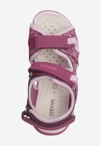 Lila und pinke Geox Sandalen mit verstellbaren Riemen, Blumendessin, durchlässiger Innensohle und Gummisohle. Geeignet für Komfort und Atmungsaktivität.