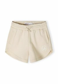 Pantalones cortos de algodón color beige con una cintura elástica, cordón, bolsillos laterales y logo impreso de "LA" con texto. Textura suave y diseño casual.