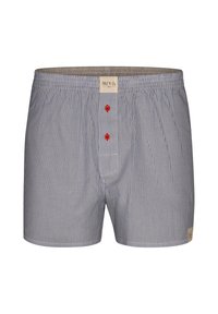 Pantaloni boxer da uomo a righe verticali blu e bianche, con bottoni rossi e una cintura elastica, dotati di una patch logo sul lato sinistro.