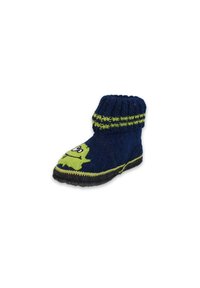 Strickkinderschuh in Marineblau mit grünen Akzenten, der ein Monstergesichtdesign aufweist. Mit Fleece gefüttert und mit einer strukturierten Sohle für Komfort.