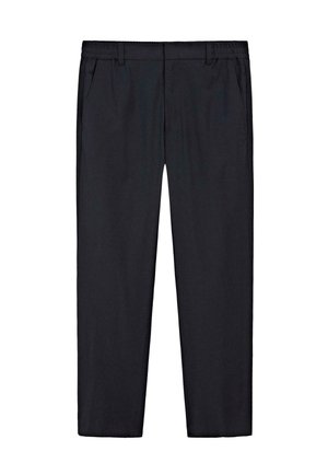 Schwarze gerade Hosen mit elastischem Bund, Gürtelschlaufen und Seitentaschen, flach auf weißem Hintergrund präsentiert.