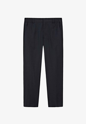 Black straight-leg pants with elastic waistband, belt loops, and side pockets, displayed flat on white background.