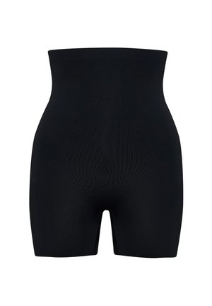 Shorts modelli shaping neri a vita alta, realizzati in un tessuto morbido e elastico con una superficie liscia e un design minimalista. Senza decorazioni né motivi.
