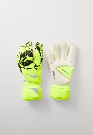Guanti da portiere giallo neon con motivi geometrici neri, palmi in lattice bianco e cinturini regolabili per una vestibilità sicura.