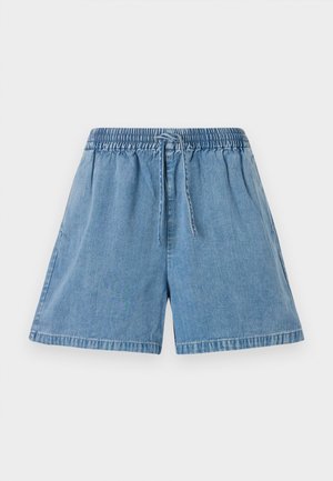 Jeansshorts in Hellblau mit einem elastischen Bund und Kordelzug. Sie verfügen über Seitentaschen und eine lockere Passform mit genähten Säumen.