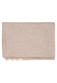 Tessuto beige con una superficie morbida e strutturata. Presenta bordi frangiati, forma rettangolare e una leggera lucentezza su tutta la stoffa.