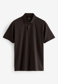 Polo marrone realizzato in tessuto liscio, con colletto classico, maniche corte, due bottoni e un piccolo logo sul lato sinistro del petto.