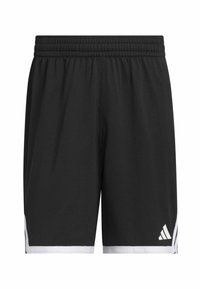 Pantalones cortos deportivos negros con textura de malla, que presentan franjas laterales blancas y un logo blanco en la parte inferior derecha. Diseño de cinturilla elástica.