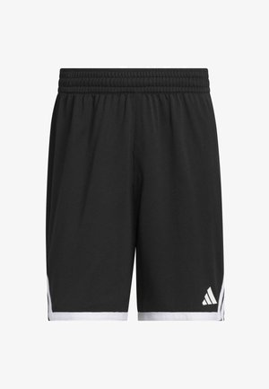 Schwarze Sportshorts mit Mesh-Struktur, mit weißen Seitenstreifen und einem weißen Logo auf der unteren rechten Seite. Elastischer Bund.