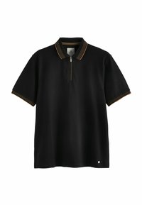 Sort polo skjorte lavet af tekstureret stof, med en lynlås krave og kontrasterende guldrandede detaljer på kraven og ærmerne.