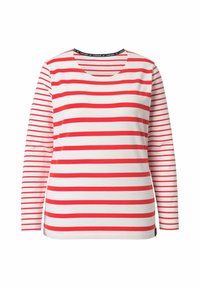 Rotes und weiß gestreiftes Langarm-T-Shirt mit rundem Halsausschnitt und einem schwarzen Etikett am Kragen. Weiches Baumwollmaterial.