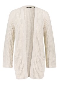 Cardigan en maille couleur crème avec devant ouvert, manches longues, deux poches avant et motif texturé sur l'ensemble.