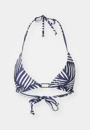 Jūras spēku bikini tops ar baltu palmu lapu rakstu, trīsstūrveida kausiem, regulējamiem saistīšanās siksniņām un zelta aksesuāru centrā.