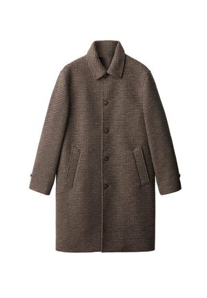 Manteau à carreaux marron en tissu texturé, avec un col, des boutons sur le devant et deux poches latérales.