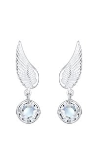 Silberne flügelförmige Ohrringe mit klaren, runden, facettierten Edelsteinen. Vertikales Design mit filigranen Flügeldetails.