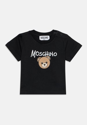 Czarna koszulka dla niemowląt z krótkimi rękawami, tekstem z logo Moschino i grafiką twarzy misia na przodzie.