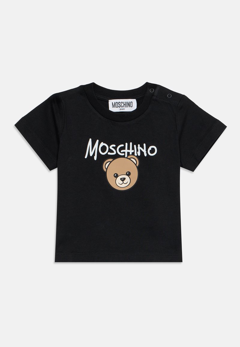 Μαύρο παιδικό t-shirt με κοντά μανίκια, κείμενο με το λογότυπο Moschino και γραφικό με πρόσωπο αρκούδας στο μπροστινό μέρος.
