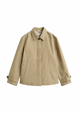 Beige casual jacket with collar, single button closure at neck, two front pockets, and adjustable buttoned cuffs.