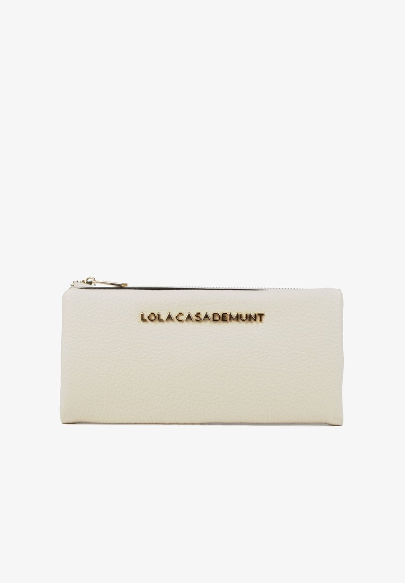 White leather wallet with subtle textured surface, featuring a zip closure and embossed gold logo, rectangular shape.