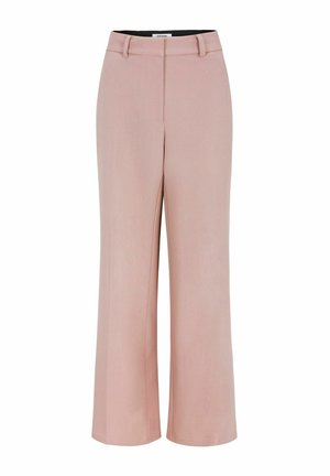 Sieviešu bikses ar augstu vidukli un platiem kāju galiem, izgatavotas no mīkstas rozā auduma ar jostas cilpām un paslēptu priekšpuses aizdari.