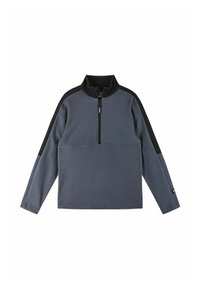 Szary polarowy pulower z czarnymi akcentami, pół-zipowym kołnierzem, długimi rękawami i gładką teksturą. Posiada logo na brzegu.