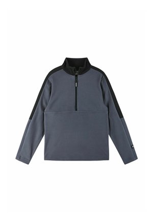 Szary polarowy pulower z czarnymi akcentami, pół-zipowym kołnierzem, długimi rękawami i gładką teksturą. Posiada logo na brzegu.