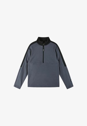 Grauer Fleece-Pullover mit schwarzen Akzenten, Halb-Reißverschluss-Kragen, langen Ärmeln und einer glatten Textur. Mit einem Logo am Saum.