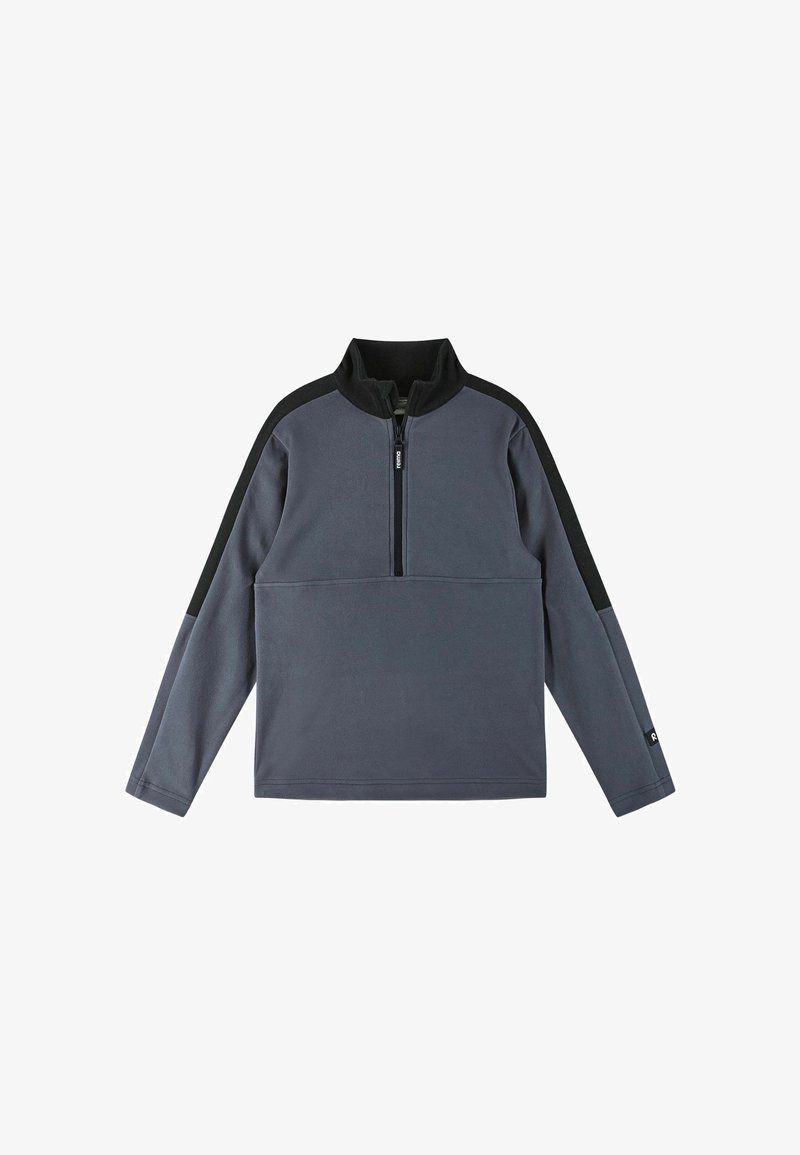 Szary polarowy pulower z czarnymi akcentami, pół-zipowym kołnierzem, długimi rękawami i gładką teksturą. Posiada logo na brzegu.