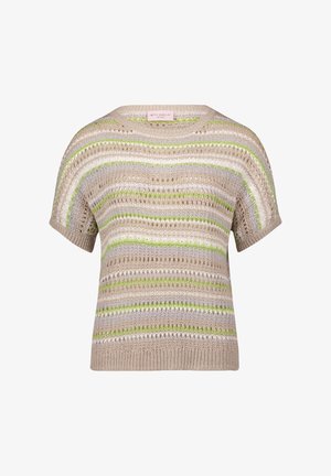 Beige kortærmet strikket sweater med vandrette striber i lysegrøn, hvid og grå, med et åbent vævemønster.