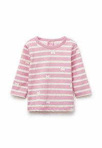 Langärmliges Babyshirt in Pink und Weiß mit gestreiften Mustern und kleinen, hellen Bärenkopf-Designs sowie Druckknöpfen am hinteren Kragen.