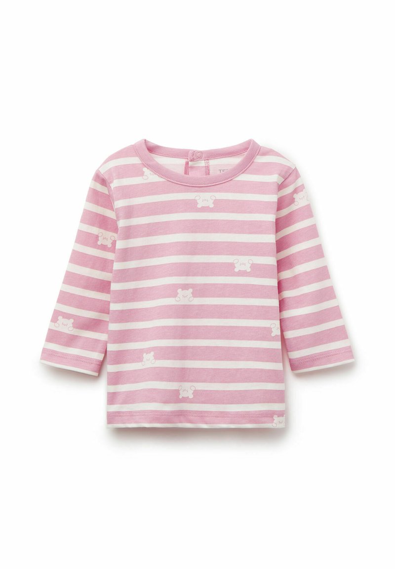 Langärmliges Babyshirt in Pink und Weiß mit gestreiften Mustern und kleinen, hellen Bärenkopf-Designs sowie Druckknöpfen am hinteren Kragen.