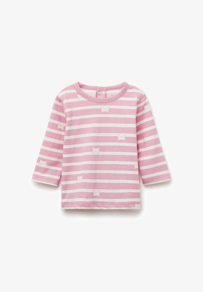 Langärmliges Babyshirt in Pink und Weiß mit gestreiften Mustern und kleinen, hellen Bärenkopf-Designs sowie Druckknöpfen am hinteren Kragen.