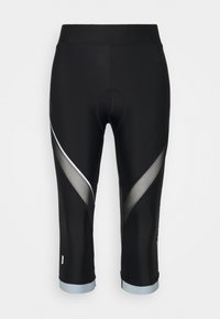 Leggings capri neri con un design elegante, caratterizzati da pannelli in rete traslucidi e dettagli riflettenti, completati da un orlo blu chiaro.