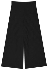 Svarta vida byxor med vertikal ribbad textur och hög midja, liggande platt på en vit bakgrund.