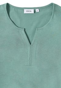 Hellgrünes Baumwoll-T-Shirt mit V-Ausschnitt, kurzen Ärmeln und feiner Textur. Trägt das Markenlabel "CECIL" mit der Größe "S."