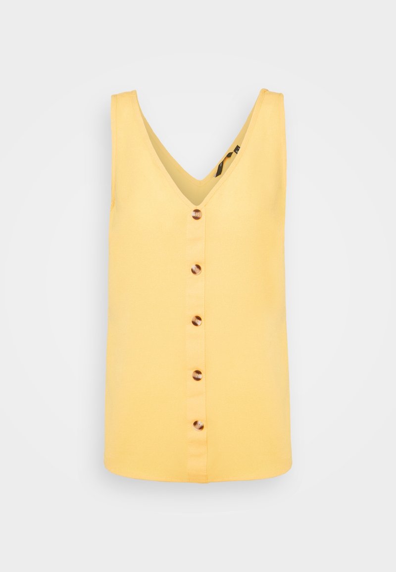 Top sans manches jaune avec un décolleté en V, six boutons marron sur le devant et une texture lisse et douce. Pas de motifs ni d'accents.