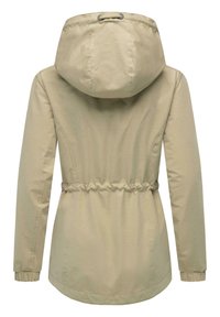 Beige jakke med hette, justerbar snøring i livet og elastiske mansjetter. Glatt tekstur, midt-lengde design med en avslappet passform.