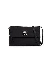 Borsa a pochette nera in tessuto con design piegato. Presenta una tasca frontale con cerniera e un dettaglio di un personaggio dei cartoni animati in argento. Cinghia lunga e regolabile.