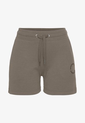 Gray cotton shorts with elastic waistband, drawstring, and side pockets. Features a circular black logo on the bottom left side.