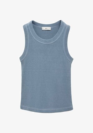 Svetlomodrá tielko bez rukávov vyrobené z rebrovanej látky, s okrúhlym výstrihom a zakončenými okrajmi. Jednoduchý dizajn, vhodný na vrstvené úpravy.