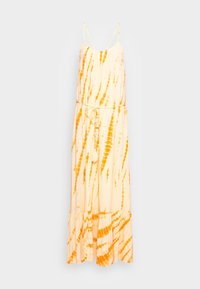 Sukienka maxi w technice tie-dye w jasnym odcieniu żółtego z pomarańczowymi paskami. Regulowane ramiączka i paski w talii z detalem frędzelka. Rozszerzany dół.