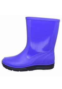 Botte de pluie en caoutchouc violet avec une finition lisse et brillante, un bout arrondi et une semelle noire durable pour une bonne adhérence. Design plat pour un enfilage facile.