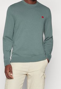 Ljusgrön tröja med rund hals gjord av ribbat stickat material. Har en liten röd logga på bröstet och åtsittande ribbade muddar och nederkant.