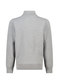 Gray sweater with a high collar, long sleeves, and ribbed cuffs. Soft fabric texture, simple design without patterns or embellishments.