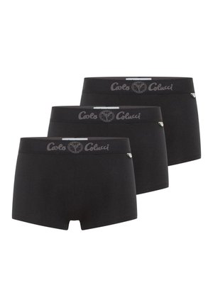Drie paar zwarte boxershorts van een zachte textuurstof, met een grijze elastische tailleband met de merknaam en het logo.