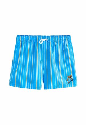 Blå badeshorts med lodrette gule og hvide striber, hvid snøre i taljen og et lille bjørnelogo på venstre ben.